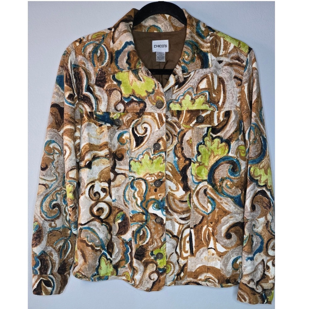 Chico's Size 1 Cotton Floral Paisley Velvet Burnout Button Front Jacket